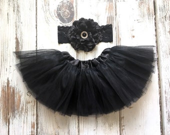 Baby Girl Black Tutu and Headband Set- Black Tutu Outfit- Infant Tulle Party Skirt- 1st Birthday Tutu-Half Birthday Tutu