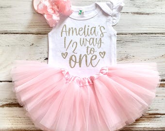 Half Way to One Outfit, Personalized Half Birthday Outfit Girl, 6 Month Birthday, Pink Tutu Skirt Party Dress, 1/2 Birthday Bodysuit