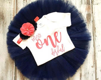 Miss Onederful First Birthday Outfit Girl -Coral Birthday Outfit- 1st Birthday Girl Outfit- Girl First Birthday Outfit- Coral and Navy Tutu