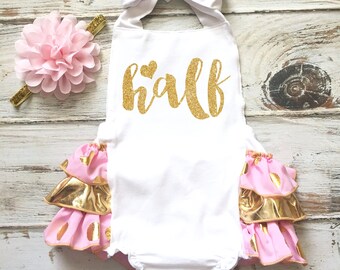 Half Birthday Outfit Girl Half Birthday Romper Half Birthday Girl 6 Month Photo Outfit Girl Pink and Gold Romper Pink and Gold Half Birthday