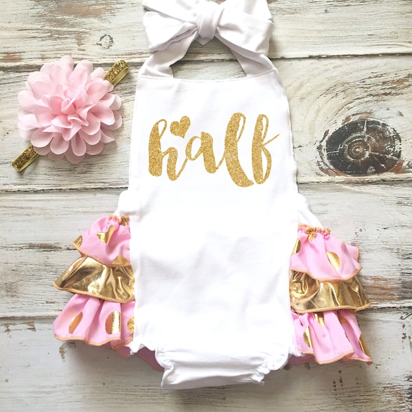 Half Birthday Outfit Girl Half Birthday Romper Half Birthday Girl 6 Month Photo Outfit Girl Pink and Gold Romper Pink and Gold Half Birthday