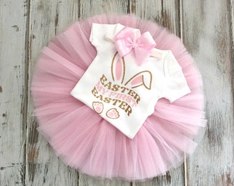 My First Easter Outfit Baby Girl- Newborn Easter Outfit- 1st Easter Outfit Girl- Bunny Shirt- Headband, Bodysuit Tutu Set- Pink Tulle Skirt