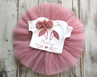 Personalized Easter Outfit Girl- Bunny Face Shirt- Baby Girl First Easter Outfit- 1st Easter Rose Gold Glitter Bodysuit- Dusty Rose Tutu