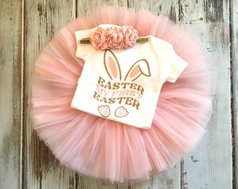 Peach and Gold 1st Easter Outfit Baby Girl- My First Easter Outfit- Newborn Easter Outfit- Easter Bunny Ears Shirt- Peach Tutu Tulle Skirt