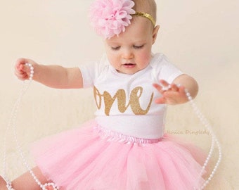 First Birthday Outfit Girl, 1st Birthday Girl Outfit, Pink and Gold Tutu Dress, 1st Birthday Tutu, Gold One Bodysuit, Cake Smash Set