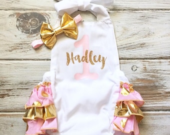 Personalized 1st Birthday Girl Outfit, First Birthday Outfit, Pink and Gold 1st Birthday Bubble Romper, Cake Smash Outfit, One Year Old Gift