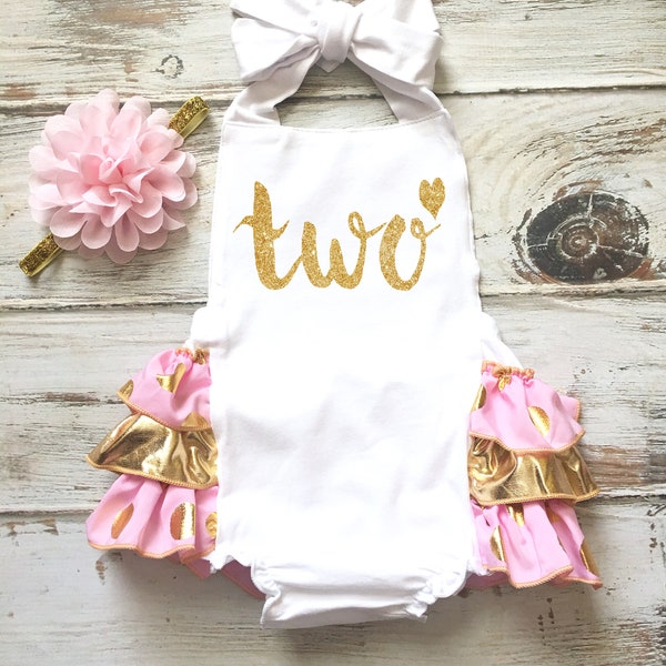 Traje de segundo cumpleaños para niña - Traje de segundo cumpleaños - Mono rosa y dorado - Mono de segundo cumpleaños - Mono de cumpleaños rosa y dorado - Mono de lentejuelas doradas