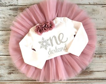 Winter Onederland Birthday Outfit- First Birthday Outfit Girl Dusty Rose- 1st Birthday Girl Outfit Winter- Snowflake 1st Birthday Tutu Set