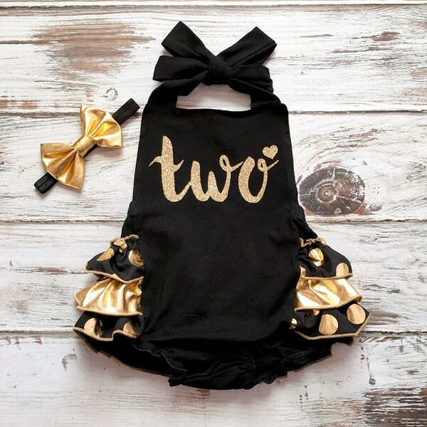 Second Birthday Outfit Girl- 2nd Birthday Outfit- Black and Gold Romper- Black Gold Birthday Romper- 2nd Birthday Romper- Gold Sequin Romper