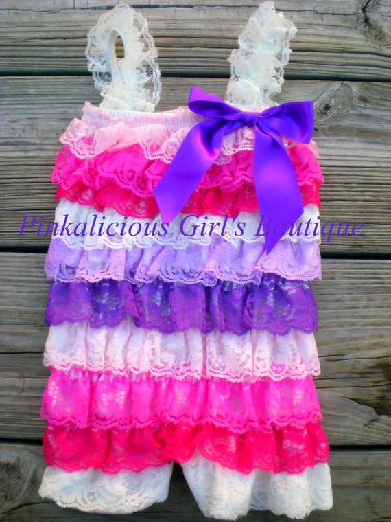 Items similar to Baby Girl Pink Purple Ivory Lace Romper Pastel Romper