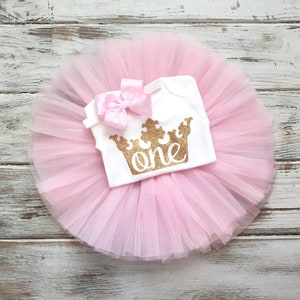 1st Birthday Girl Outfit- Princess First Birthday- Princess Party Dress- Gold Glitter One Number 1 Tiara Crown Princess- Pink Tutu Skirt