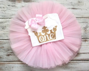 1st Birthday Girl Outfit- Princess First Birthday- Princess Party Dress- Gold Glitter One Number 1 Tiara Crown Princess- Pink Tutu Skirt