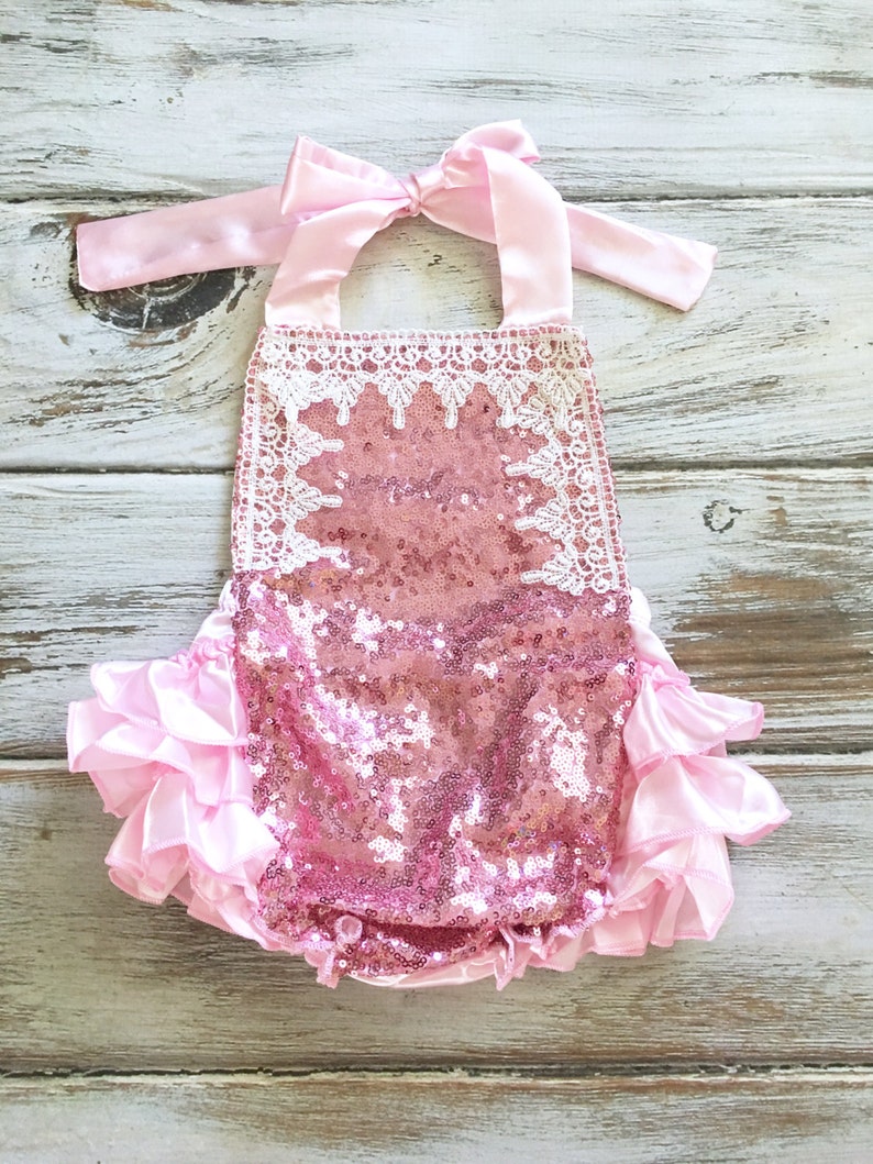 Baby Girl Romper Lace Romper Peach Romper Pink Sequin Romper Etsy