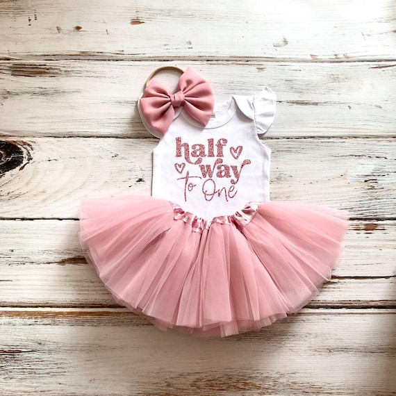 Half Way to One Outfit, Half Birthday Outfit Girl Rose Gold, 6 Month Birthday, Rose Gold Tutu Skirt Party Dress, 1/2 Birthday Bodysuit