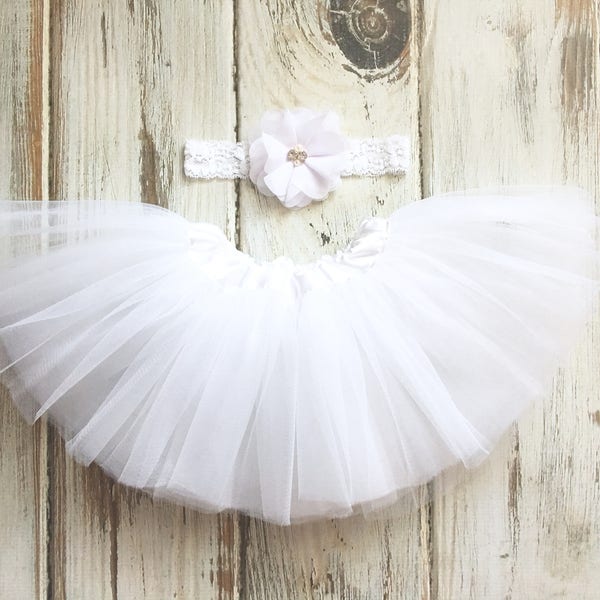 Newborn Tutu- White Tutu- Baby Tutu- Tutu Headband Set- Tutus for Babies- Baby Girl Tutu- Infant Tutu- White Tutu Outfit - Baptism Tutu