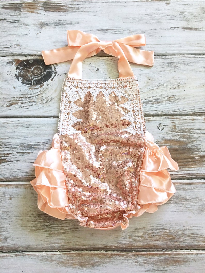 Baby Girl Romper Lace Romper Peach Romper Pink Sequin Romper Etsy