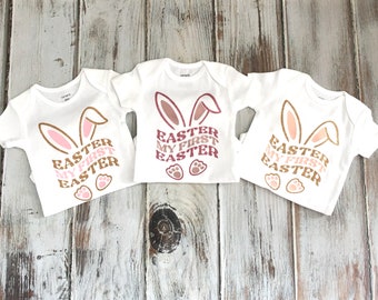 My First Easter Outfit Baby Girl- 1st Easter Outfit- Easter Bunny Ears Shirt- Baby Girl Shirt and Headband Set- Pink, Peach and Rose Gold