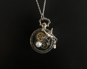 Fob Pendant, Abstract Design Based on Psalm 30: Vintage Watch Cogs, Tiny Key, Flying Swallow with Pearls