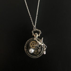 Fob Pendant, Abstract Design Based on Psalm 30: Vintage Watch Cogs, Tiny Key, Flying Swallow with Pearls image 1