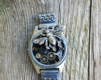 Steampunk Bracelet, Ladies; Upcycled Vintage Men's Newmark Watch & Watch Cogs, Steampunk Bee Bracelet