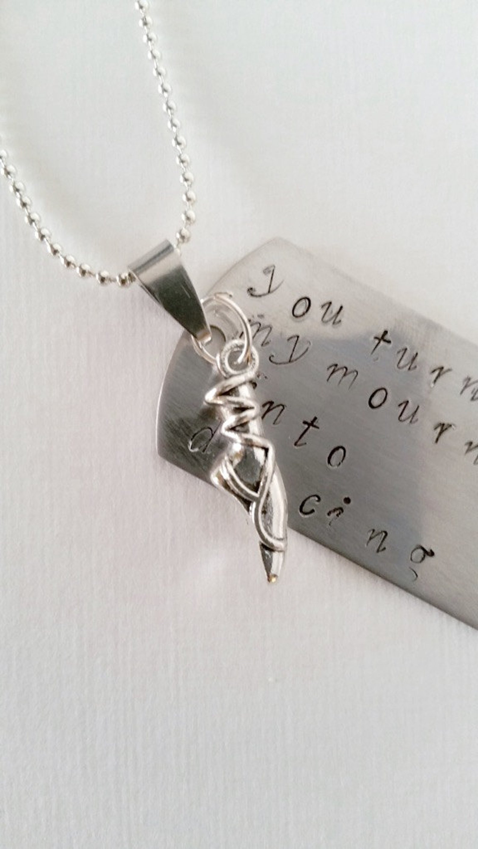 bible verse pendant, hand stamped christian jewellery,dog tag, dancing, ballet shoe, 'you turned my mourning into dancing