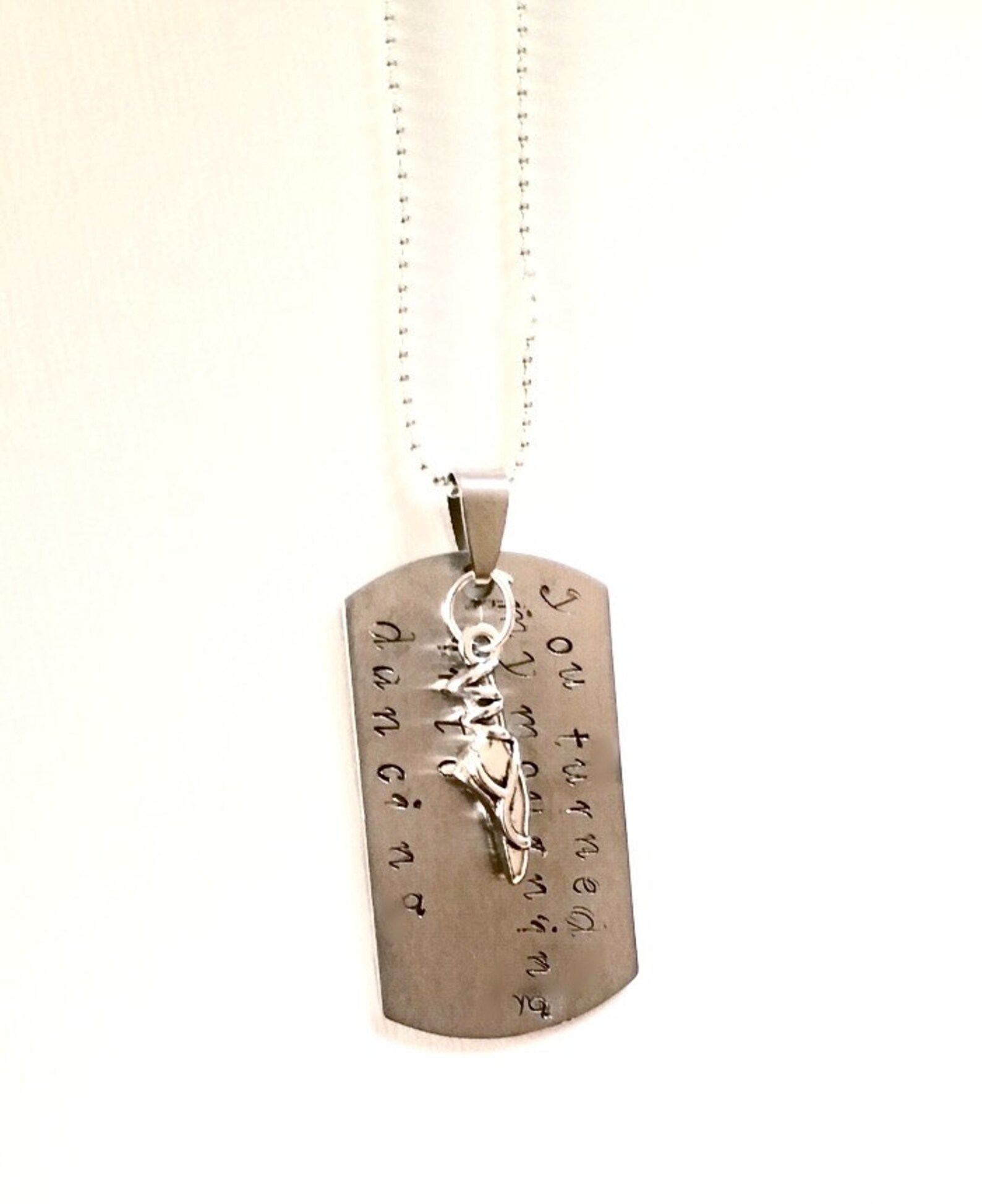 bible verse pendant, hand stamped christian jewellery,dog tag, dancing, ballet shoe, 'you turned my mourning into dancing