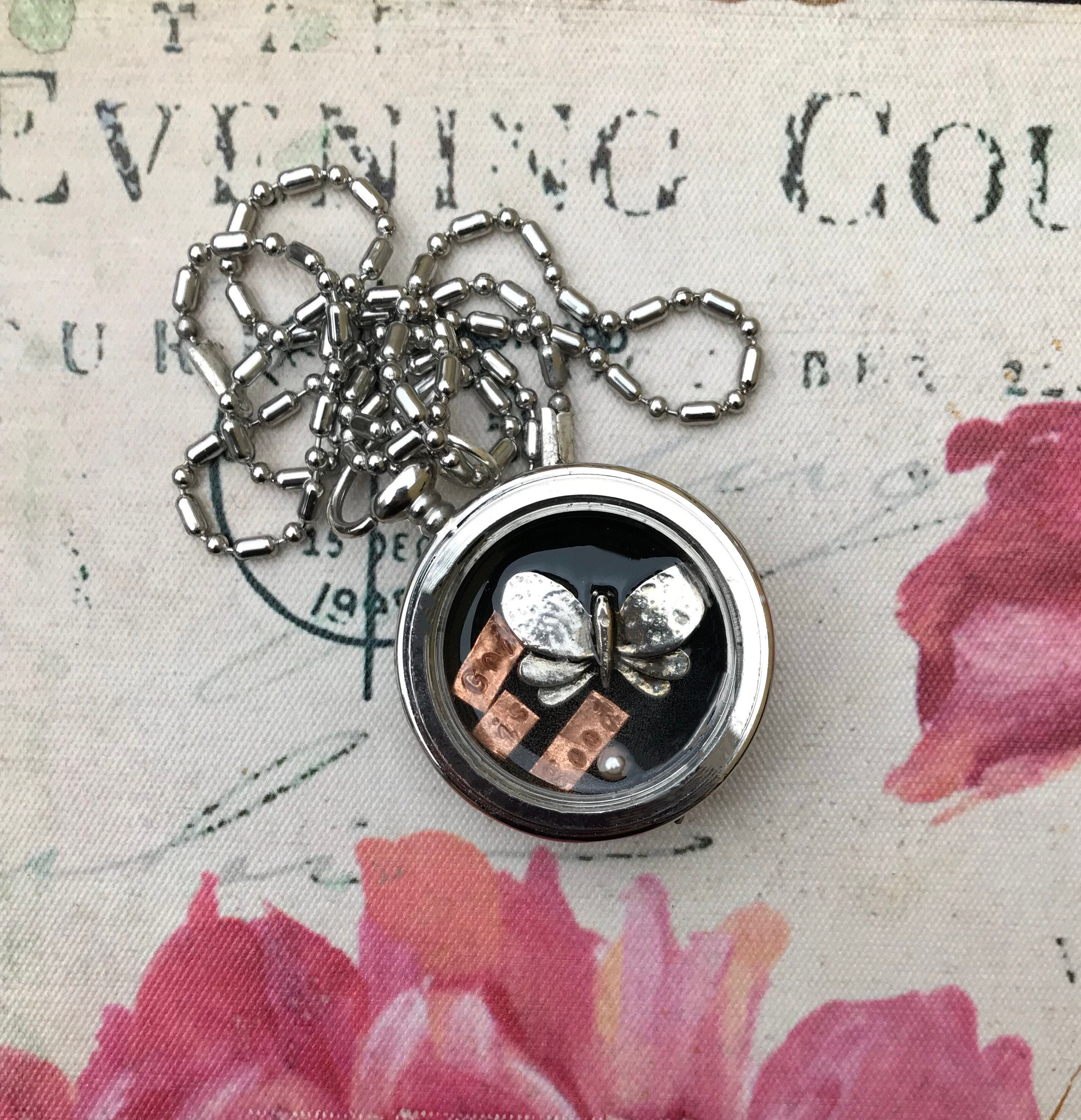 Upcycled Vintage Pocket Watch shadow Box Pendant With Butterfly & Hand