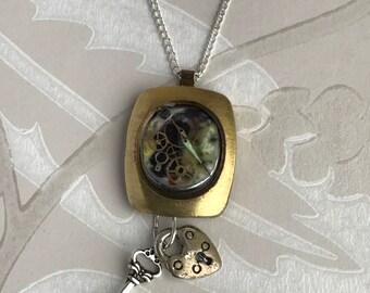 Steampunk Necklace, Repurposed Vintage 1950s Watch, Watch Cogs, Vintage Photo, Lock & Key
