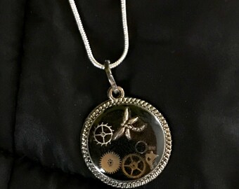 Dainty Steampunk Necklace, Up-cycled Vintage Watch Parts & Tiny Dragonfly
