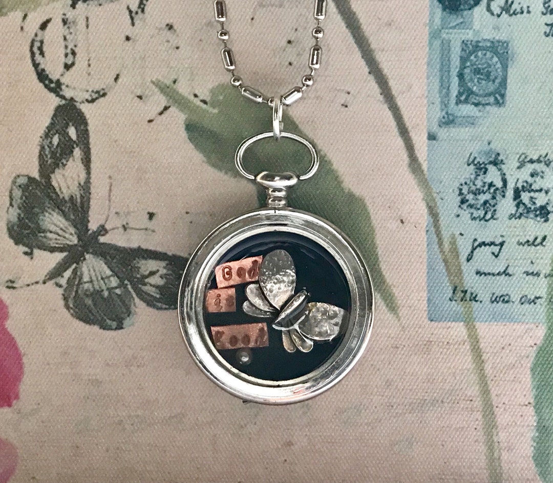 Upcycled Vintage Pocket Watch shadow Box Pendant With Butterfly & Hand