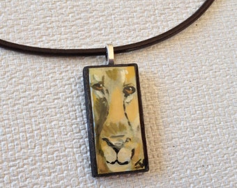 Lion Necklace, Hand Painted Lion Pendant, Mini Painting, Lion Painting