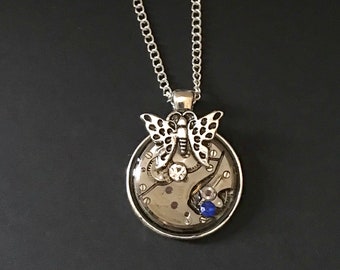 Butterfly Necklace, “All things Beautiful in His Time,” Vintage Mechanical Watch Movement Pendant
