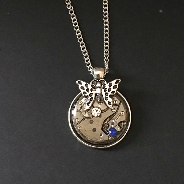 Butterfly Necklace, “All things Beautiful in His Time,” Vintage Mechanical Watch Movement Pendant