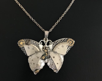 Steampunk Necklace, Steampunk Butterfly Necklace, With Vintage Mechanical Watch Parts, Butterfly Pendant