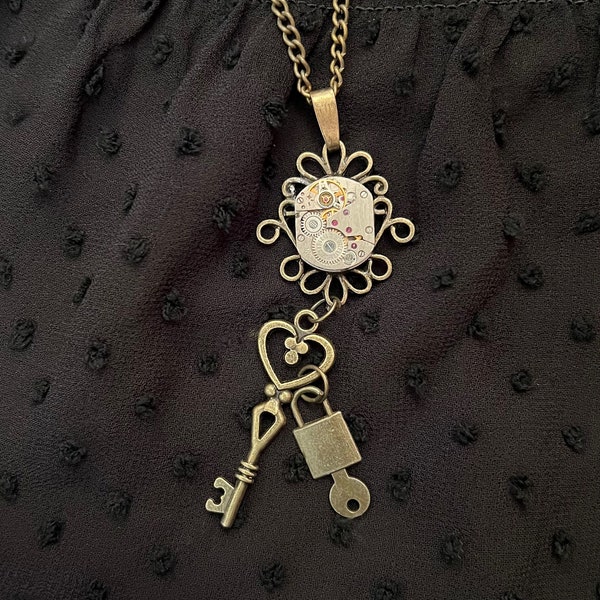 Pendentif cadenas et clé, collier verset de la Bible, mouvement de montre vintage