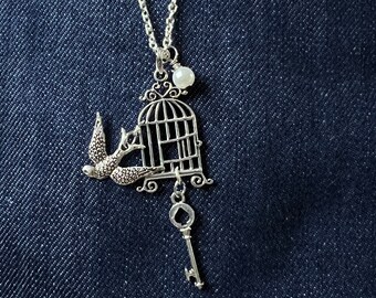 Birdcage Necklace, I Am Free, Freedom, Key Necklace, Encouraging Gift, Christian Necklace