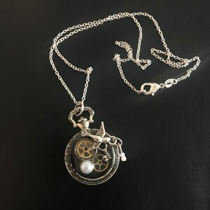 Fob Pendant, Abstract Design Based on Psalm 30: Vintage Watch Cogs, Tiny Key, Flying Swallow with Pearls image 2