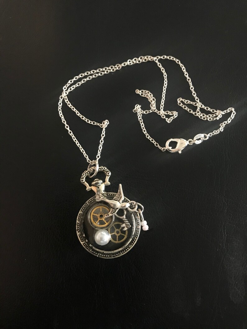 Fob Pendant, Abstract Design Based on Psalm 30: Vintage Watch Cogs, Tiny Key, Flying Swallow with Pearls image 2