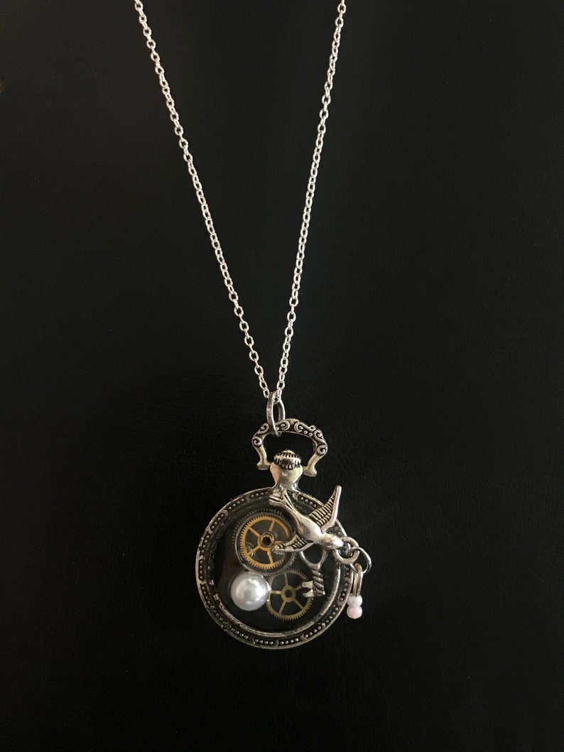 Fob Pendant, Abstract Design Based on Psalm 30: Vintage Watch Cogs, Tiny Key, Flying Swallow with Pearls image 1