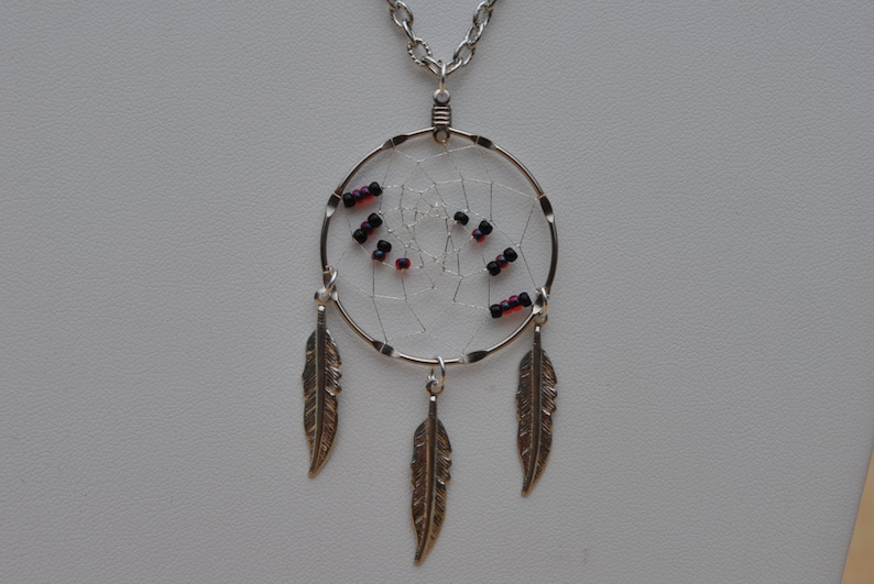tribal Dream catcher Necklace Native American in spired boho Silver Dreamcatcher Necklace with Cherokee colors black and burgundy