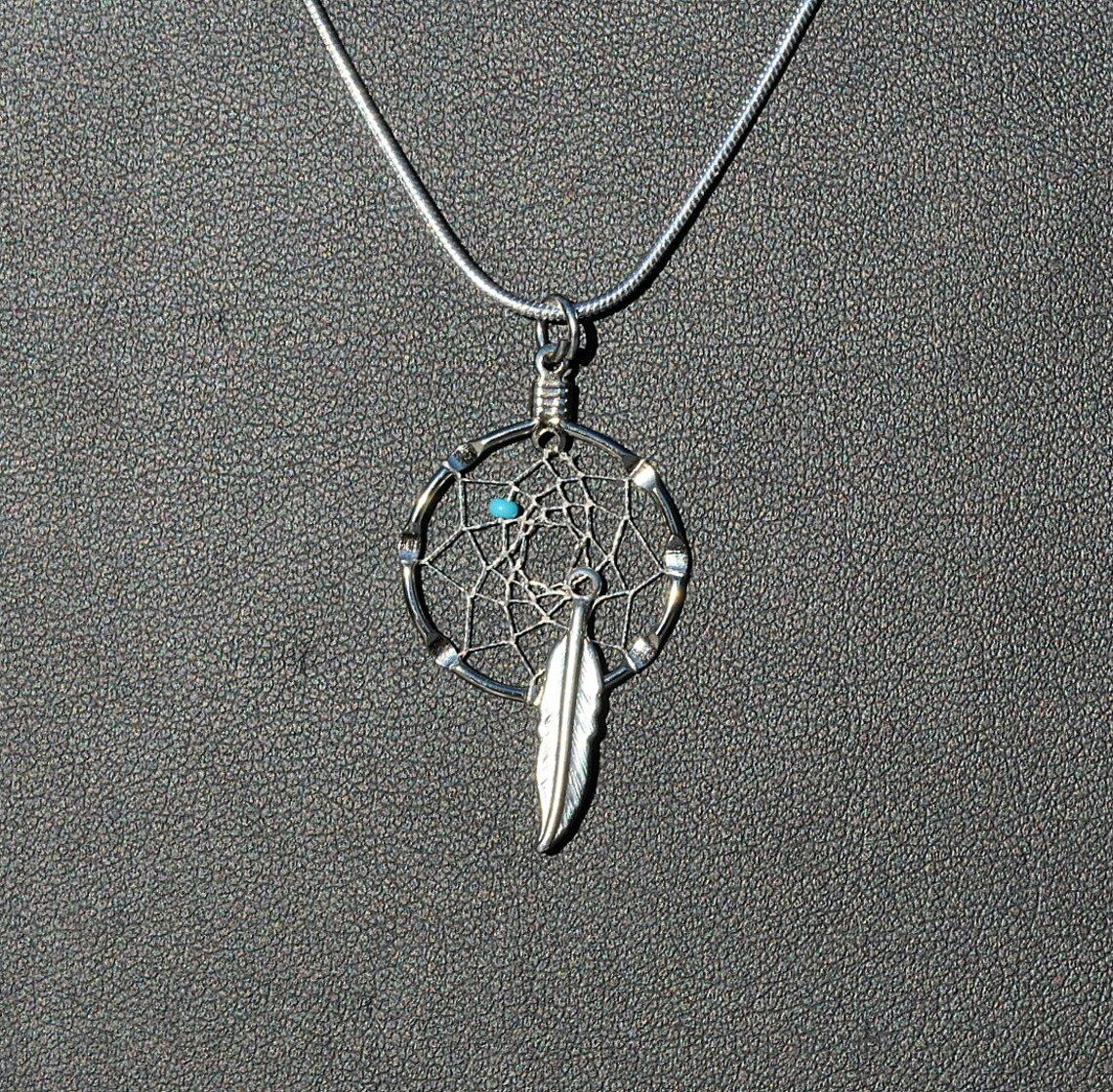 Silver Dream Catcher Necklace with Turquoise bead and feather Etsy