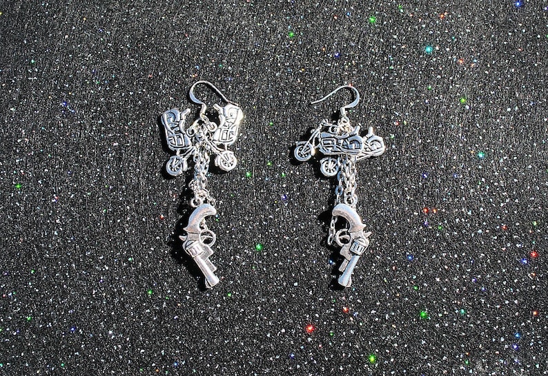 Silver Plated Biker Earrings with Motorcycles and Guns biker Etsy