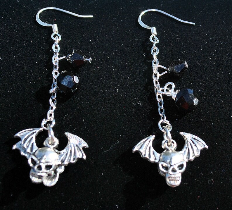 Silver Biker Earrings with Winged Skulls and black crystals Etsy