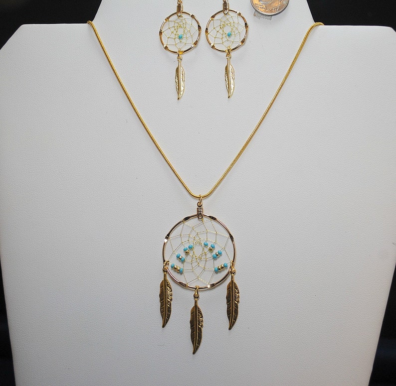 Gold Dream Catcher Necklace and Earrings Set with Turquoise Etsy