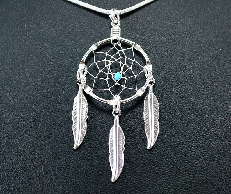 Small Silver Dream Catcher Necklace with a turquoise bead and Etsy