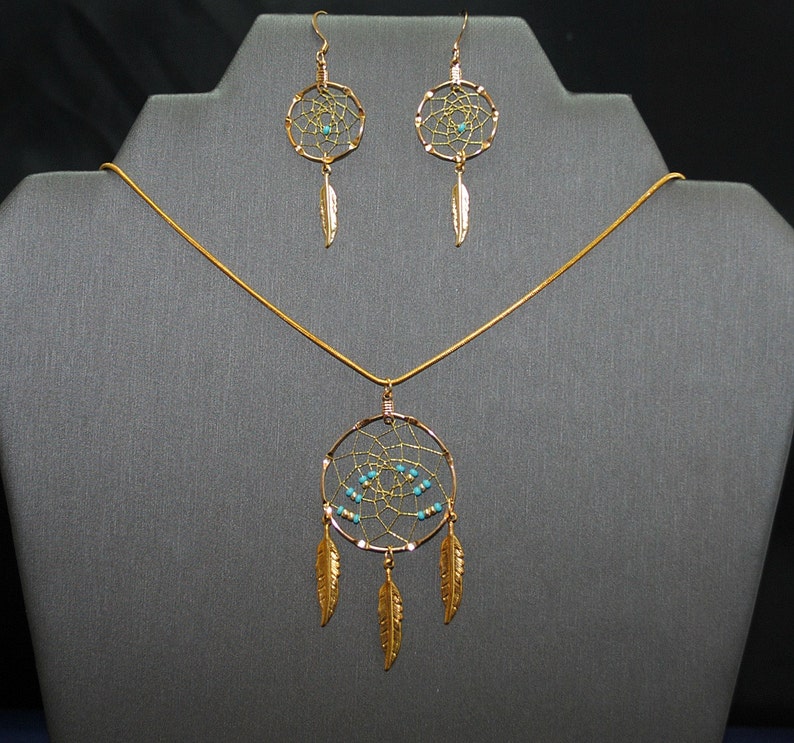Gold Dream Catcher Necklace and Earrings Set with Turquoise Etsy