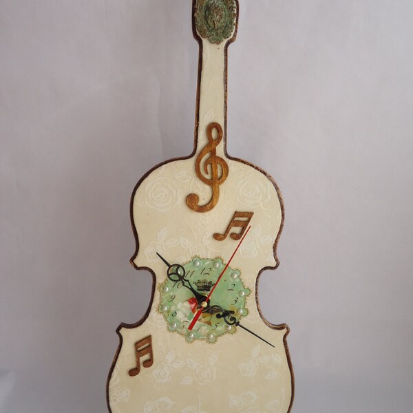 Violin Clock, Decorated Clock, Wall Clock, Unique Wall Clock, MDF, decoupage, white roses, birds, beads, musical notes cameo