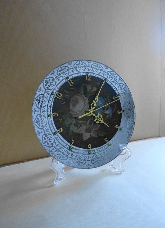 Round glass clock engraved glass handpainted mirror Etsy