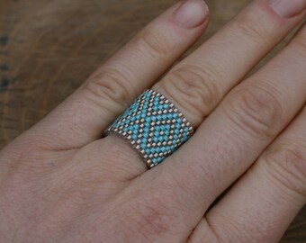 Turquoise glas ring, gouden ring, beaded inheemse zaad KRAAL band geweven kralen kunst ring voor haar verklaring victorian ring, handgemaakte cadeau