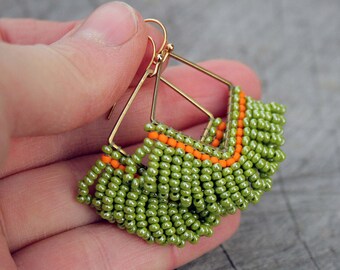 range green, green, orange victorian beaded earrings, boho earrings, seed beads earrings, beadwoven earrings, beadwork, dangle earrings